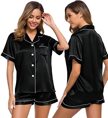 SWOMOG Womens Silk Satin Pajamas Set Short Sleeve Button Down Sleepwear Loungewear 2 Pcs Pj Sets