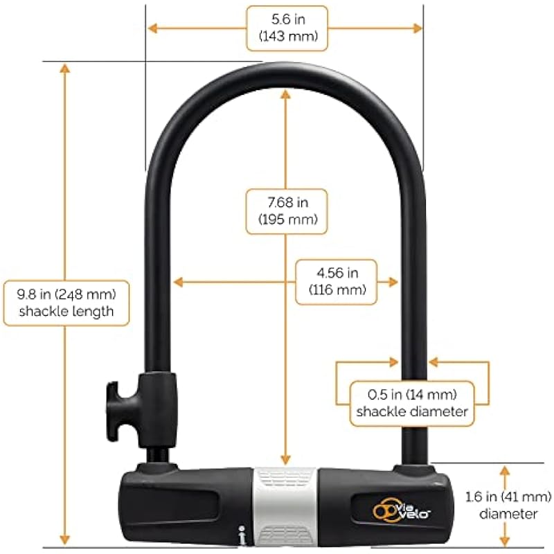 Bike U Lock with Cable – Via Velo Heavy Duty Bicycle U-Lock,14mm Shackle and 10mm x1.8m Cable with Mounting Bracket for Road, Mountain, Electric & Folding Bike