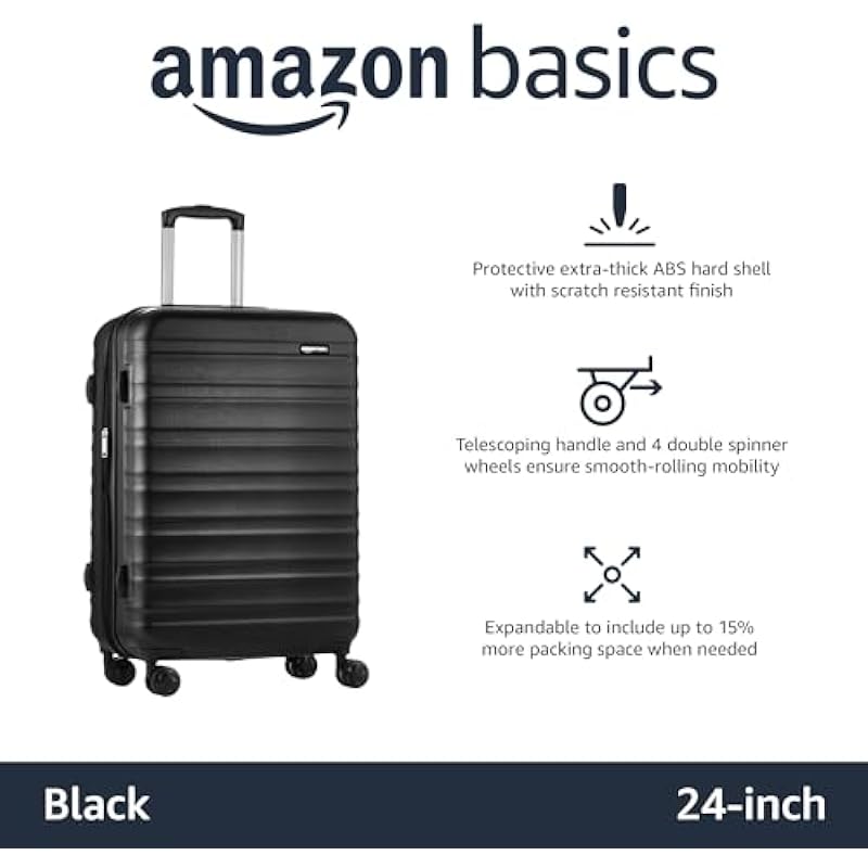 Amazon Basics Hardside Spinner Travel Luggage Suitcase – 24 Inch, Black