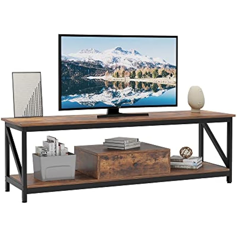 VERMESS TV Stand for 55 Inch TV with Storage for Living Room, Industrial Entertainment Center TV Console Table with Drawer, Sturdy Wooden TV Table with Metal Frame