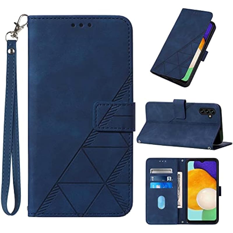 A14 5G Case Wallet,for Samsung A14 Case,[Kickstand][Wrist Strap][Card Holder Slots] TPU Interior Protective for Galaxy A14 5G Case,Leather Folio Flip Cover for Samsung Galaxy A14 5G (Blue)