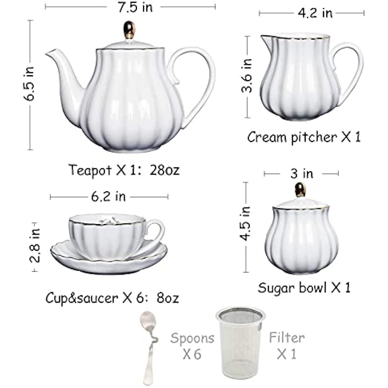 Porcelain Tea Sets British Royal Series, 8 OZ Cups& Saucer Service for 6, with Teapot Sugar Bowl Cream Pitcher Teaspoons and Tea Strainer, Suitable for High Tea, Wedding, Party,Sweejar (Blue Violet)