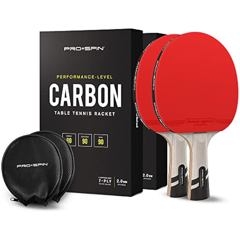 PRO-SPIN Ping Pong Paddle with Carbon Fibre | Elite Series 7-Ply Blade, Premium Rubber, 2.0mm Sponge & Rubber Protector Case | Choice of Classic Shakehand or Penhold Grip Table Tennis Racket