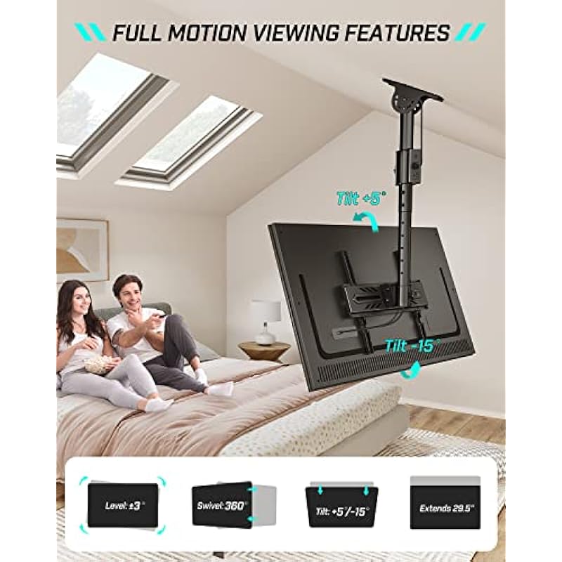 Greenstell Ceiling TV Mount with Power Outlet, TV Mount for 26”-65” TVs, TV Ceiling Mount with 900J Surge Protection, Swivel, Tilt and 6 Height Adjustable, Max VESA 400x400mm, Holds up to 110LBS