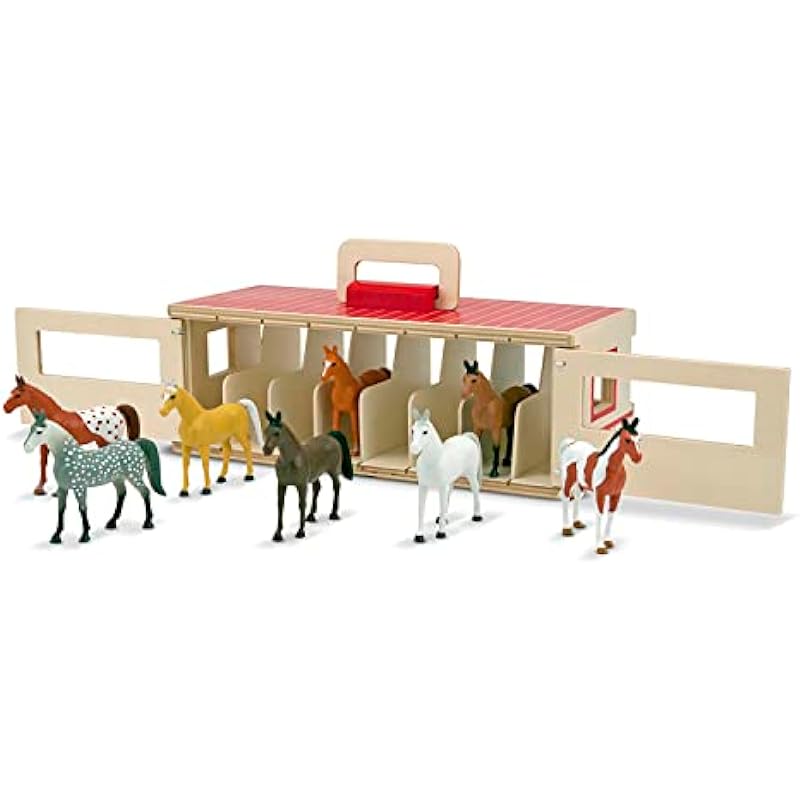 Melissa & Doug Take-Along Show-Horse Stable Play Set With Wooden Stable Box and 8 Toy Horses | Horse Barn Play Set, Portable Horse Stable Toy, Horse Toys For Kids Ages 3+