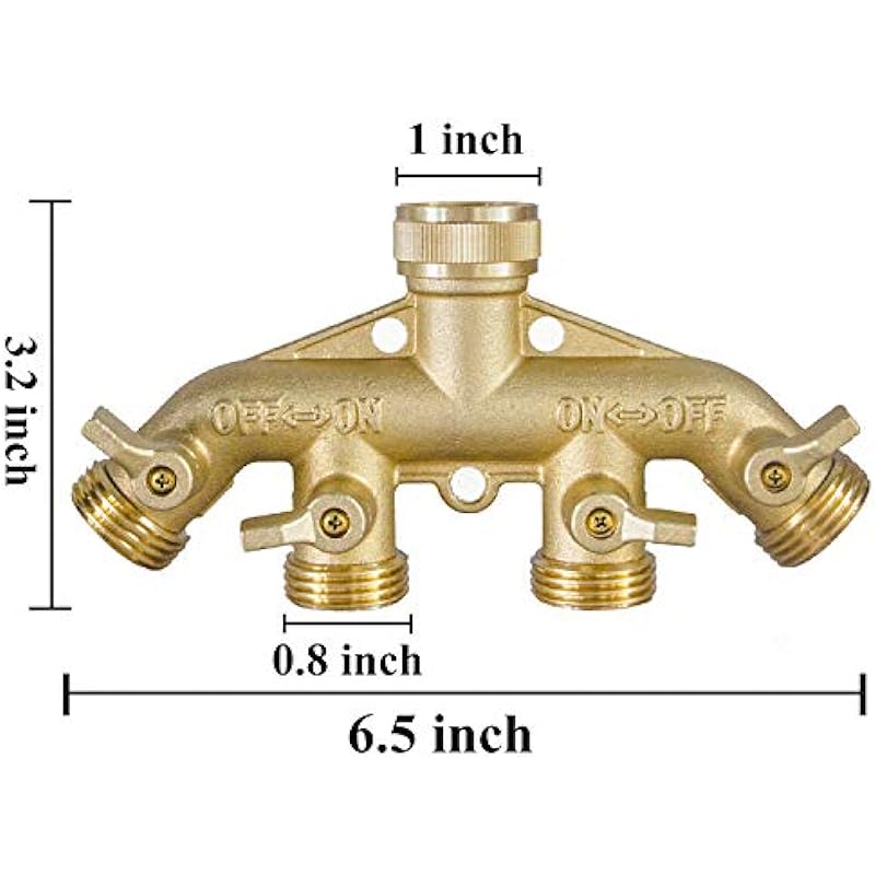 Hourleey Brass Garden Hose Splitter (4 Way), Solid Brass Hose Connector 3/4″, Hose Spigot Adapter 4 Valves with 4 Extra Rubber Washers