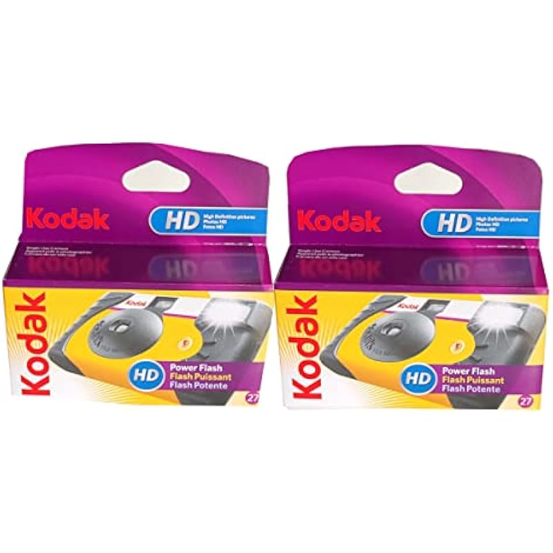 Kodak Power Flash Disposable Single Use Camera 800 ISO 35mm with Flash 27 Exposures (2 Pack) for High Definition (HD) Photos Plus 100% Silicone Wrist Band and a Microfiber Cleaning Cloth