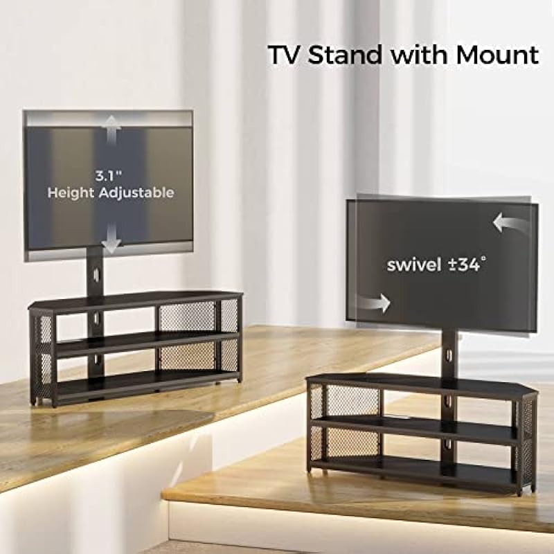 Rolanstar TV Stand with Mount and Power Outlet, Swivel TV Stand Mount with LED Lights for 45/55/60/65/70 inch TVs, Black Entertainment Center Media Console with Height Adjustable Mount