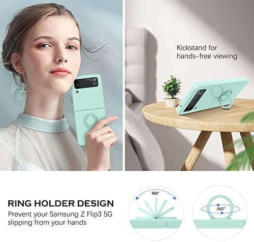 YINLAI Samsung Galaxy Z Flip 3 Case, Phone Case Samsung Z Flip3 5G, Slim Silicone Kickstand Ring Holder Shockproof Protetive Bumper Girls Women Cover, Mint Green