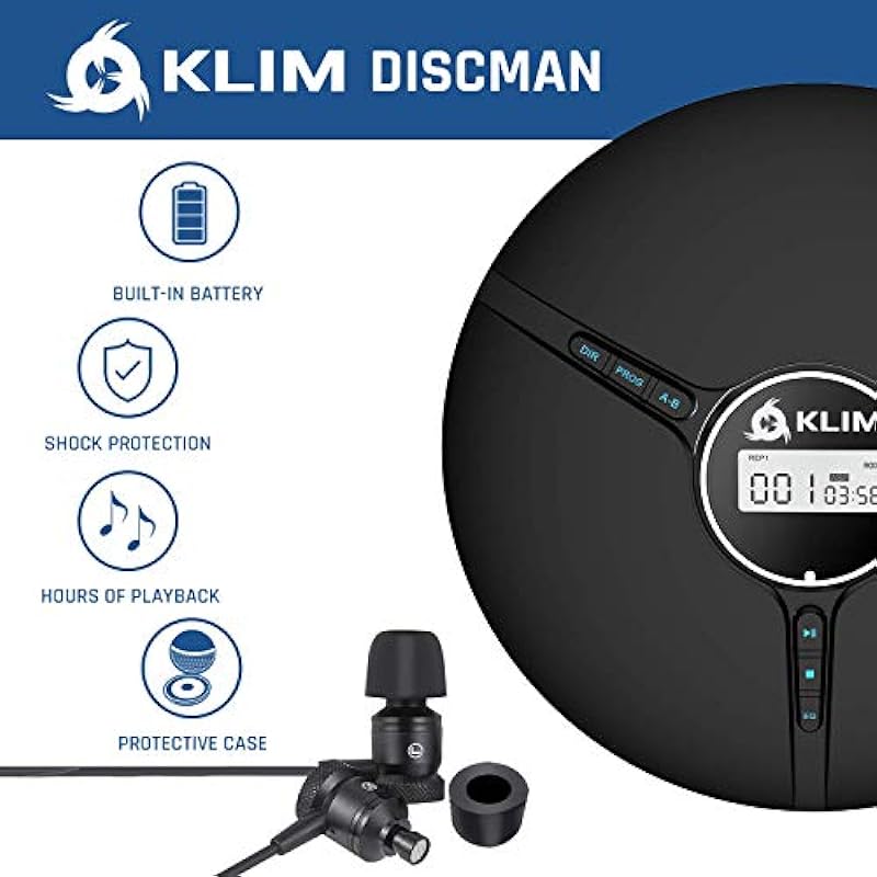 KLIM Discman Portable CD Player with a Built-in Battery – New 2024 – Ideal Car CD Player with Earphones – Compatible CD-R CD-RW MP3. Compact Mini CD Players Personal CD Walkman – Black