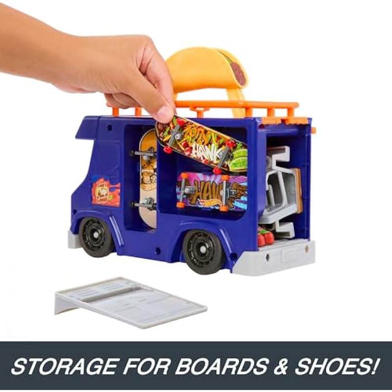 Hot Wheels Skate Portable Skatepark, Taco Truck Play Case with 1 Exclusive Fingerboard, 1 Pair Removable Skate Shoes and Storage, Travel Toys