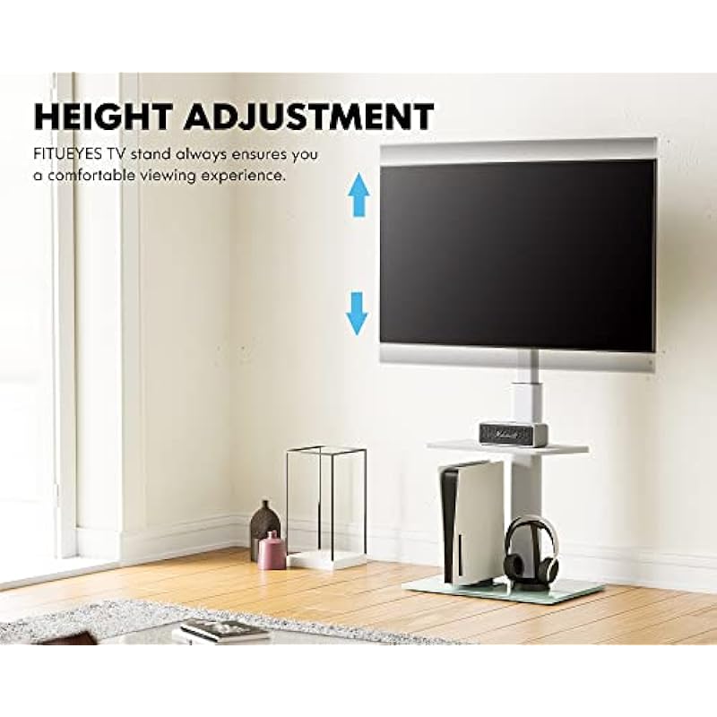 FITUEYES White TV Stand Mount for 32-60 inch TV Screen, 2 Tier Floor TV Stand with Swivel 70 Degree and Height Adjustable Max VESA 600×400 mm