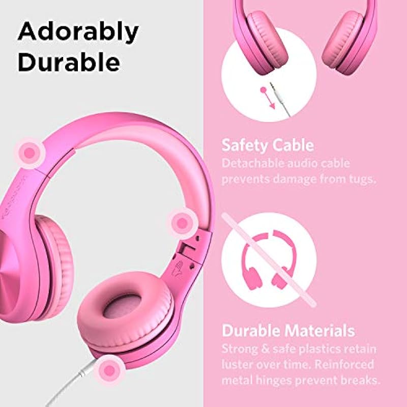 LilGadgets Connect+ Pro Wired Kids Headphones – Designed with Kids’ Comfort in Mind, Child-Friendly Foldable Over-Ear Headset with in-line Microphone, Perfect for Toddlers in School, Pink