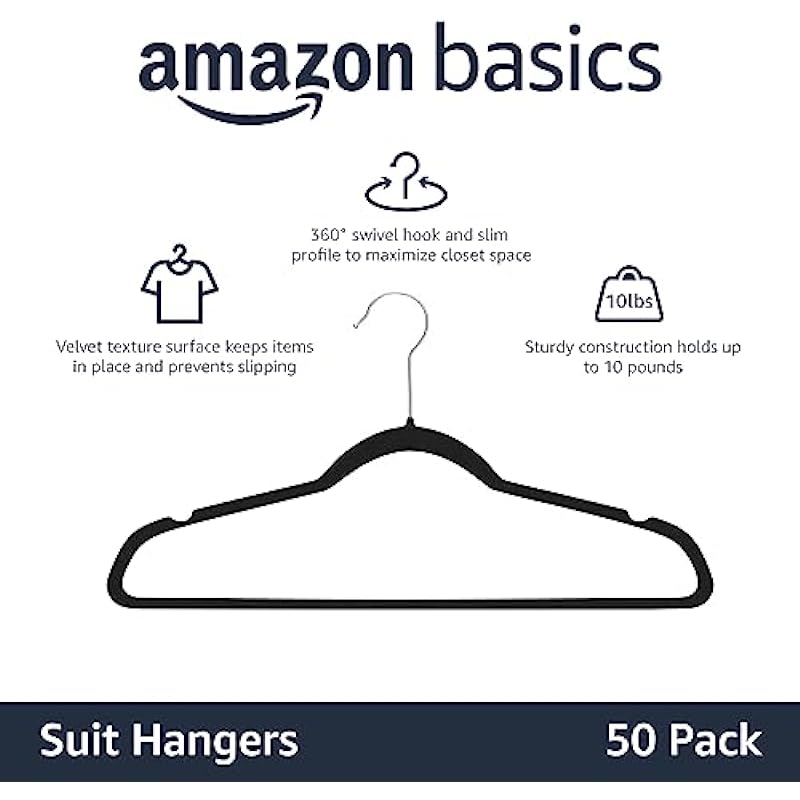 Amazon Basics Velvet Suit Hangers – 50-Pack, Black