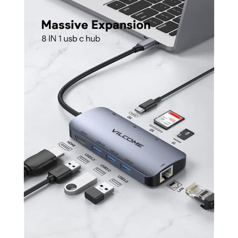 USB C Hub Adapter, Vilcome 8-in-1 USB C Adapter with 4K HDMI, 1Gbps Ethernet, 3 USB 3.0 Ports, 87W Power Delivery, SD/TF Card Reader for MacBook Pro,Pixelbook, XPS and More