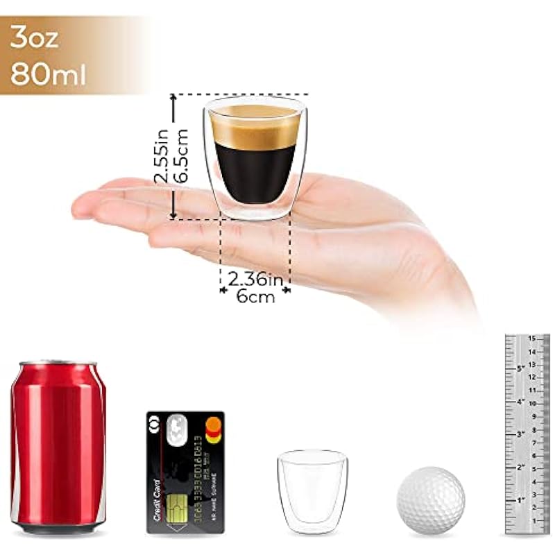 DLux Espresso Coffee Cups 80ml, Double Wall, Clear Glass Set of 2 3oz Glasses, Insulated Borosilicate Glassware Tea Cup Mug