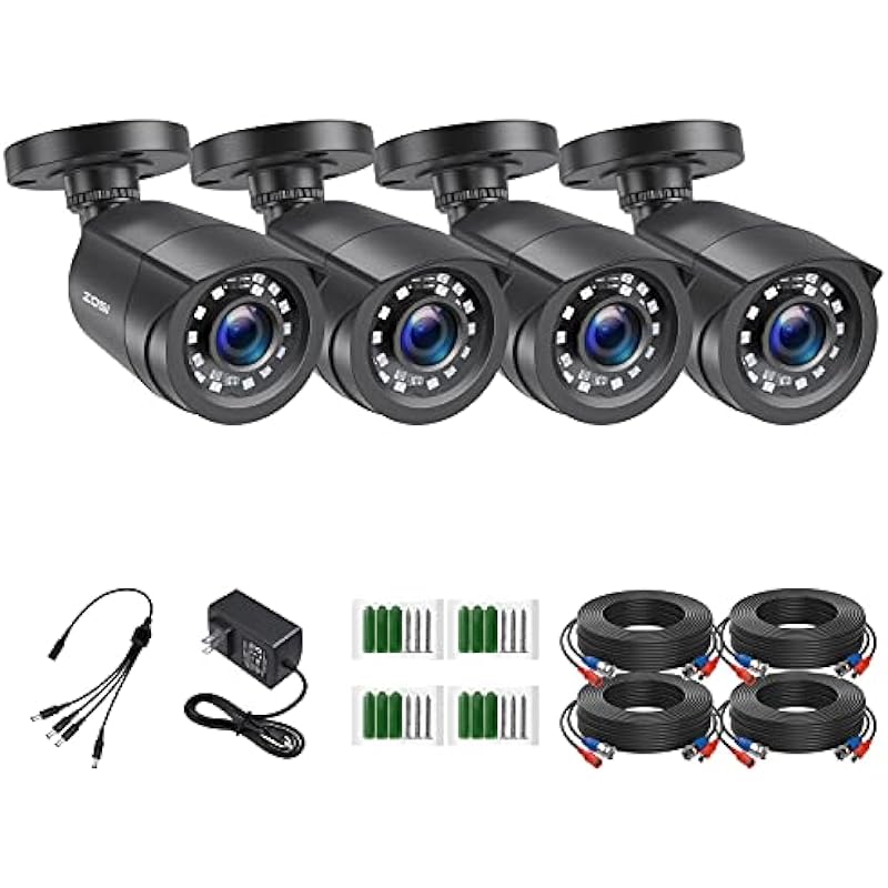 ZOSI 4 Pack 2MP 1080p HD-TVI Home Security Camera Outdoor Indoor 1920TVL,24PCS LEDs,80ft Night Vision, 90°View Angle, Weatherproof Outside Surveillance CCTV Bullet Camera(Black)