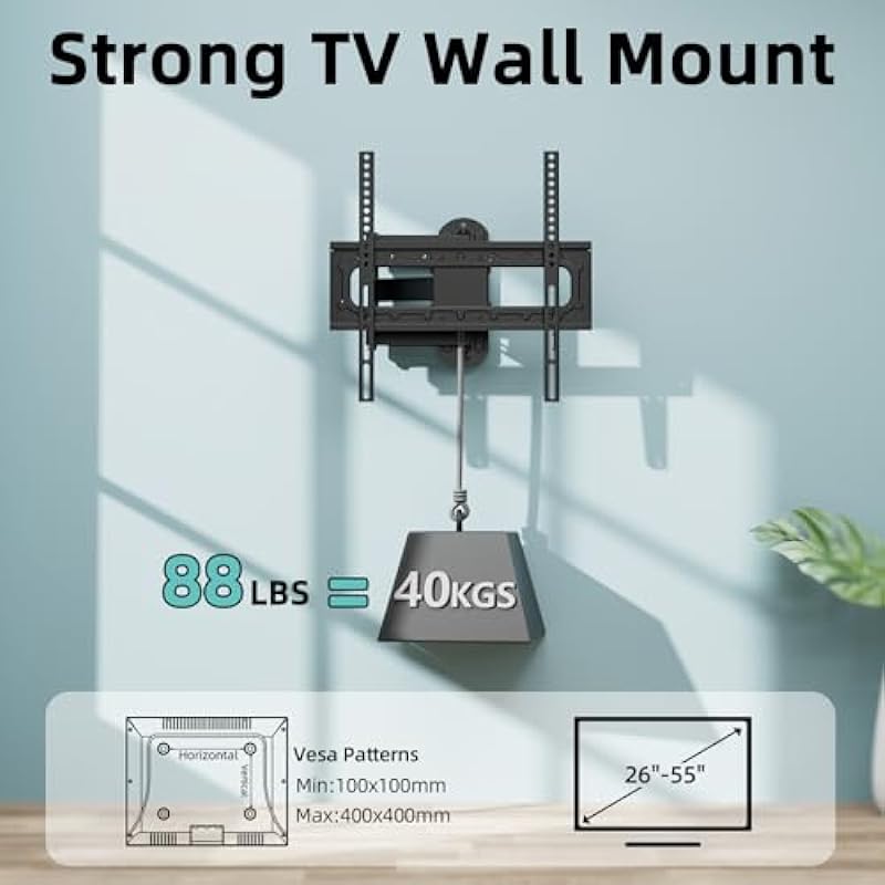 HCMOUNTING Swivel and Tilt TV Wall Mount for 26-55 inch Flat Screen Curved TVs, TV Bracket with Single Stud Level Adjustment Full Motion VESA 400x400mm Holds up to 88lbs