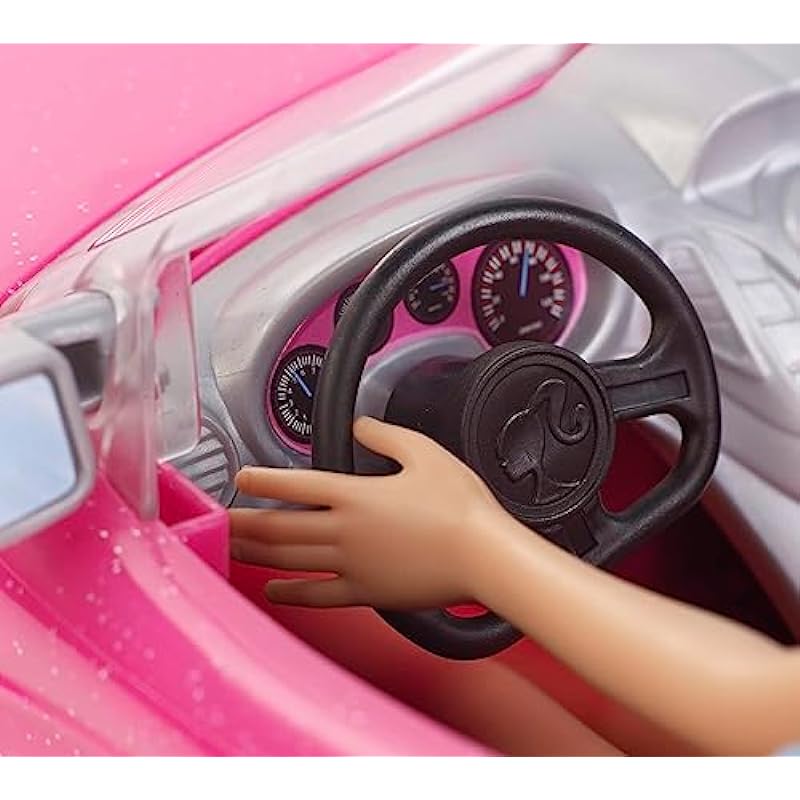 Barbie Car and Doll Set, Sparkly Pink 2-Seater Convertible with Glam Details, Doll in Sundress and Sunglasses