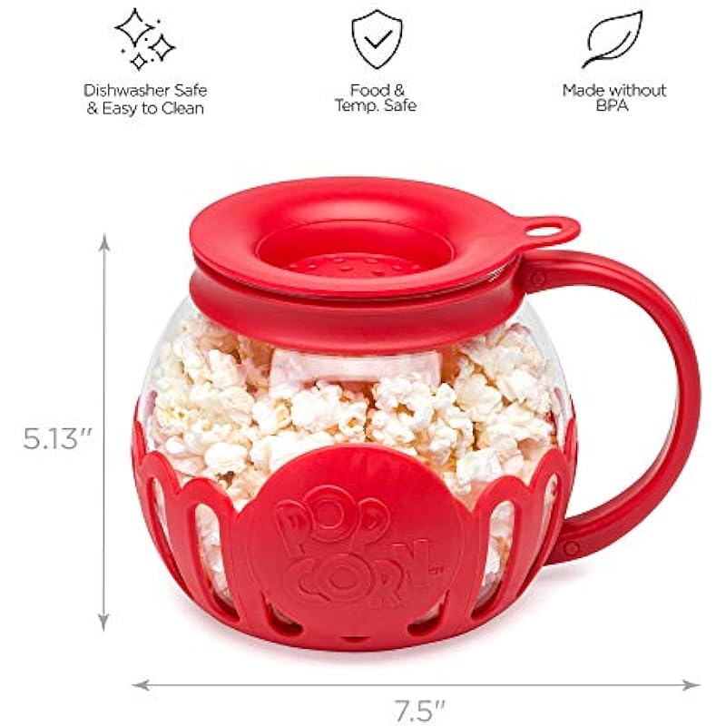 Ecolution Patented Micro-Pop Microwave Popcorn Popper with Temperature Safe Glass, 3-in-1 Lid Measures Kernels and Melts Butter, Made Without BPA, Dishwasher Safe, 1.5-Quart, Red