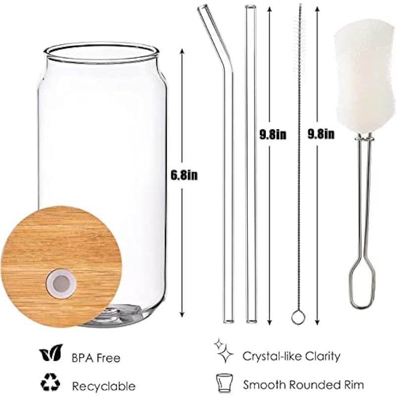 HEFBCOMK 4pcs Set 20 oz Beer Can Glass Cup, Iced Coffee Drinking Cups with Bamboo Lid and Glass Straws, Glass Tumbler for Cocktail, Whiskey, Soda, Tea, Water, Gift (20OZ)