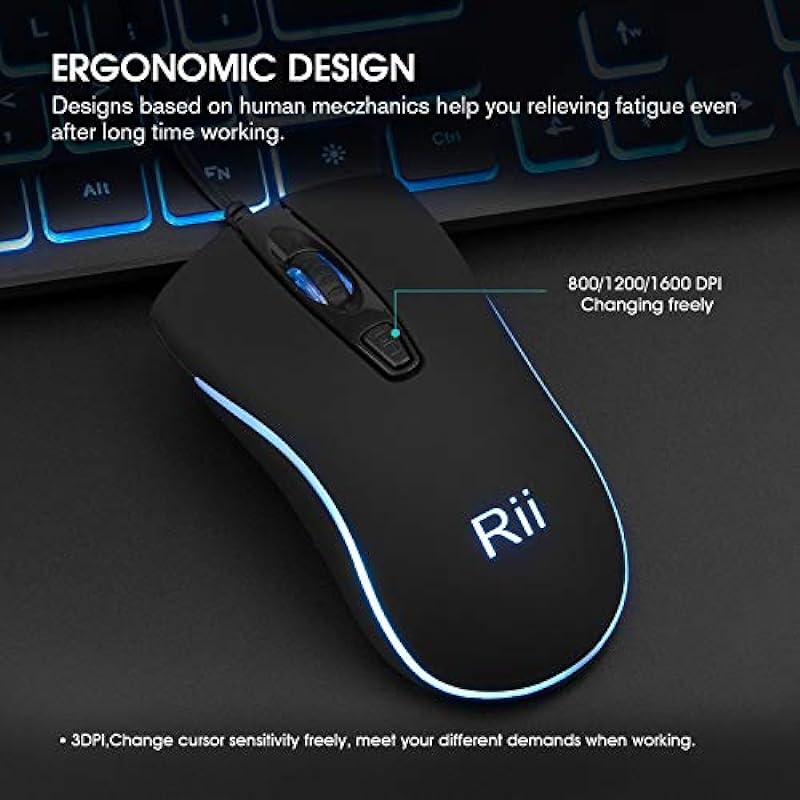 Rii RGB Keyboard and Mouse RK105, Wired Keyboard and Mouse Combo, USB Keyboard and Mouse Set,Quiet Input Gaming Keyboard,Optical RGB Mouse for School,Office,Business and Gaming