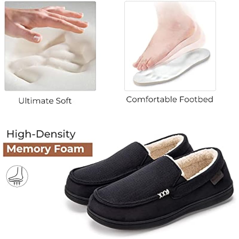 HomeTop Men’s Comfy Suede Memory Foam Moccasin Slippers Warm Sherpa Lining House Shoes with Anti-Skid Rubber Sole