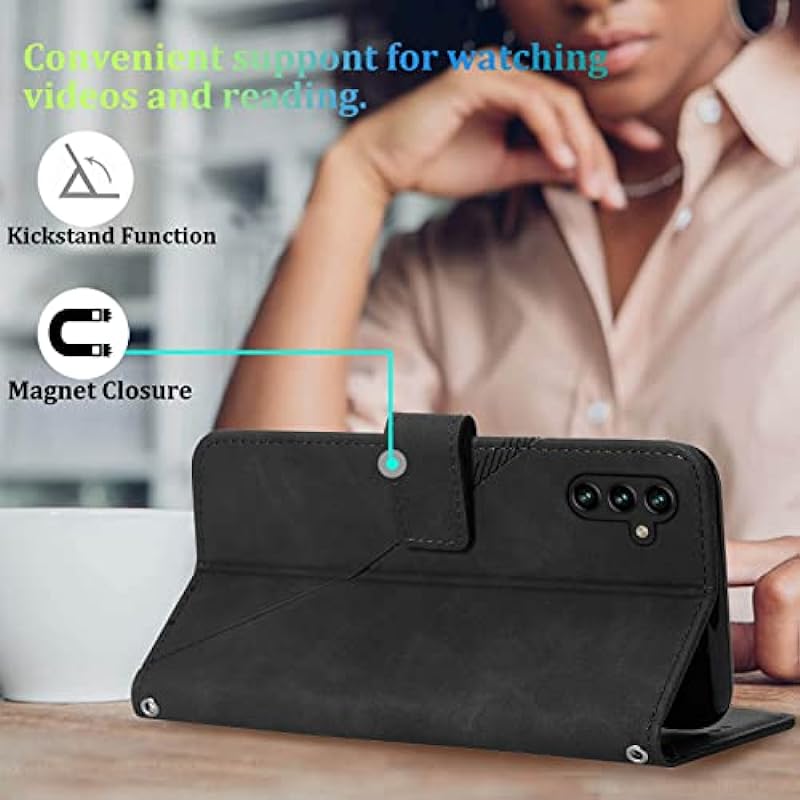 A14 5G Case Wallet,for Samsung A14 Case,[Kickstand][Wrist Strap][Card Holder Slots] TPU Interior Protective for Galaxy A14 5G Case,Leather Folio Flip Cover for Samsung Galaxy A14 5G (Black)