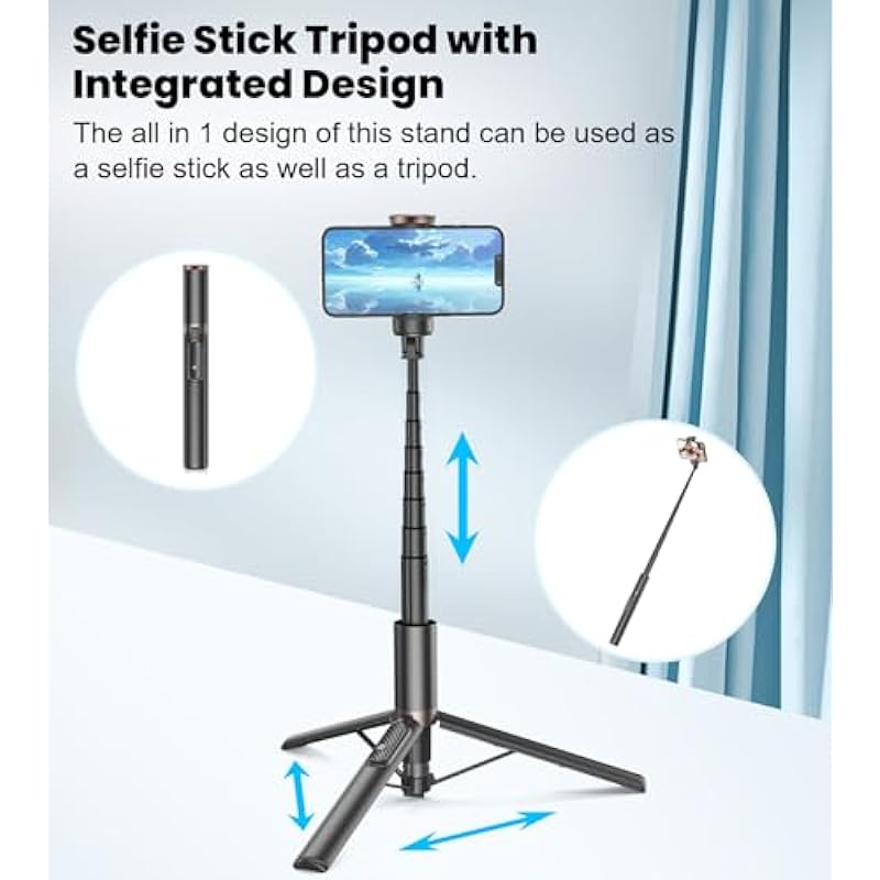 TONEOF Travel Tripod 60″ Selfie Stick Tripod,All-in-1 Extendable Cell Phone Tripod Stand with Remote,360° Rotate Lightweight & Portable Tripod for 4-7 Inch iPhone Android/Video Recording/Travel