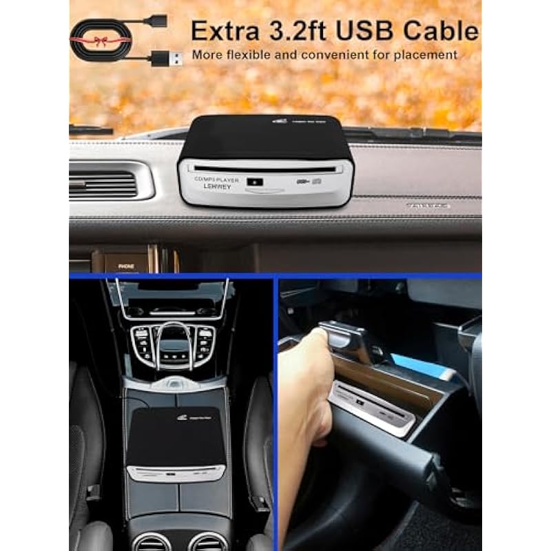 External Universal CD Player for Car – LEHWEY Portable CD Player with Extra USB Extension Cable, Plugs into Car USB Port, Laptop, TV, Mac, Computer, for Android 4.4 and Above Navigation