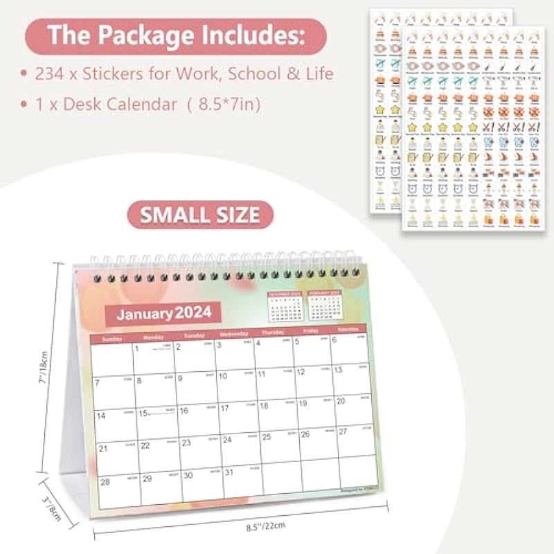 Small Desk Calendar 2024-2025, Monthly Calendar (Jan. 2024 – Jun. 2025), Standing Flip Calendar with Thick Paper, 8.5×7 inches Desktop Calendar with Planner Stickers for School Office Home