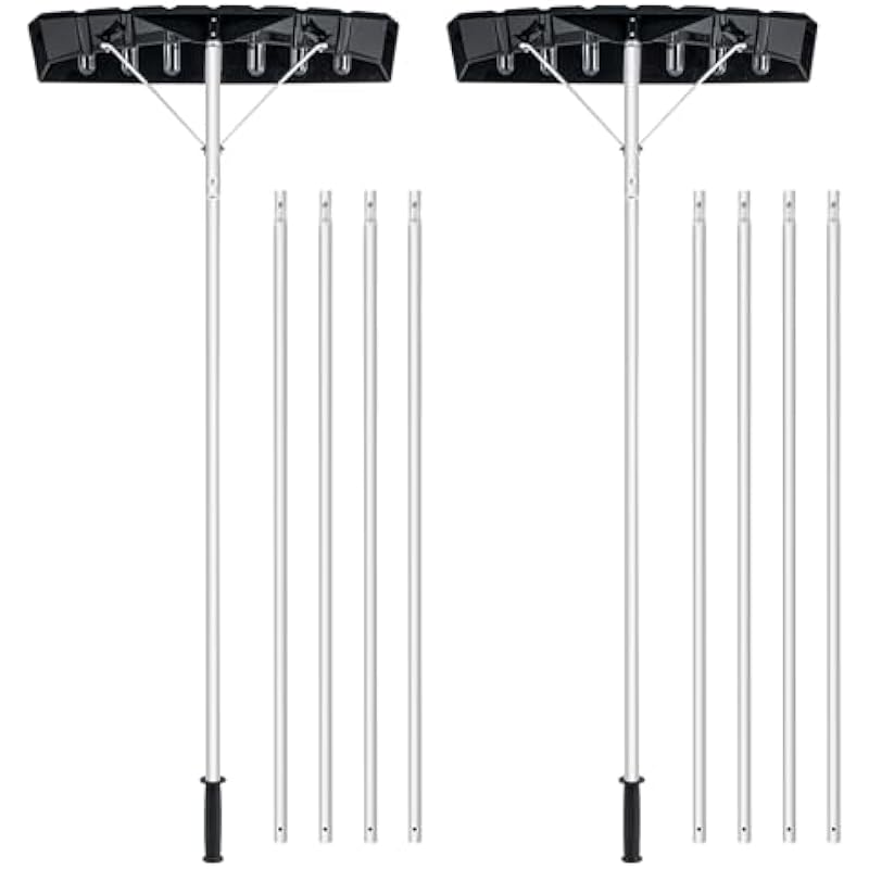 Goture 2Packs 20ft Snow Roof Rake, Aluminum Telescopic Snow Rake for Roof, Lightweight Roof Snow Removal Tool with 25″ Wide Poly Blade, Anti-Skid Handle – Ideal for Single Storey & Cabins