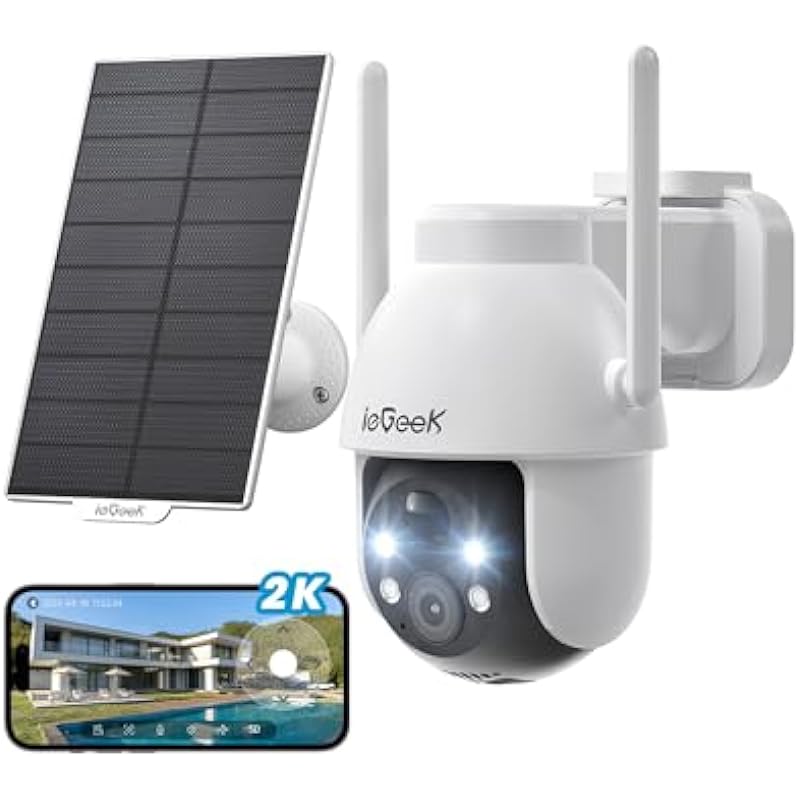 ieGeek Security Cameras Wireless Outdoor-Solar & Battery Powered Camera System for Home Exterieur Surveillance, 360°PTZ WiFi Cam with 2K Color Night Vision, Smart Siren, Motion Sensor, Work with Alexa