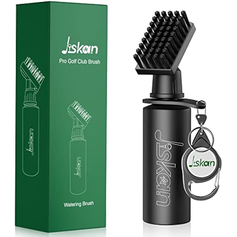 Jiskan Pro Golf Club Brush Cleaner with Retainer Clip and Squeeze Water Bottle 7.5 Inches Holds 4 Ounces of Water, Essentials Golf Accessories for Men, Best Golf Gifts for Men