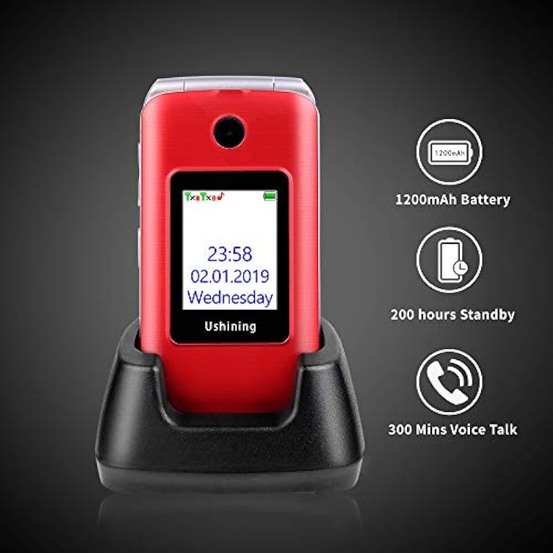 USHINING 3G Senior Flip Phones Unlocked Canada Dual Screen Basic Cell Phone Dual SIM Card Large Button Mobile Phone with Charging Dock for Seniors（Red）