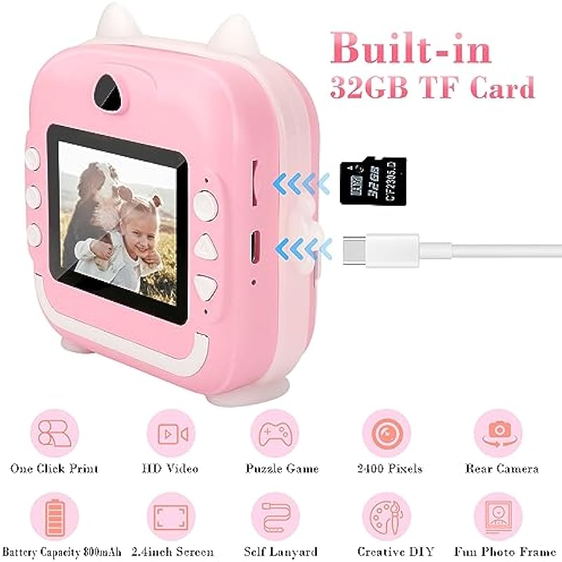 Kids Camera Instant Print Toddler Digital Camera Zero Ink Photo Cameras with 1080P HD Video Camera, 2.4 Inch IPS Screen Printing Instant Camera with 3 Rolls Photo Paper, 5 Color Pens and 32GB Card