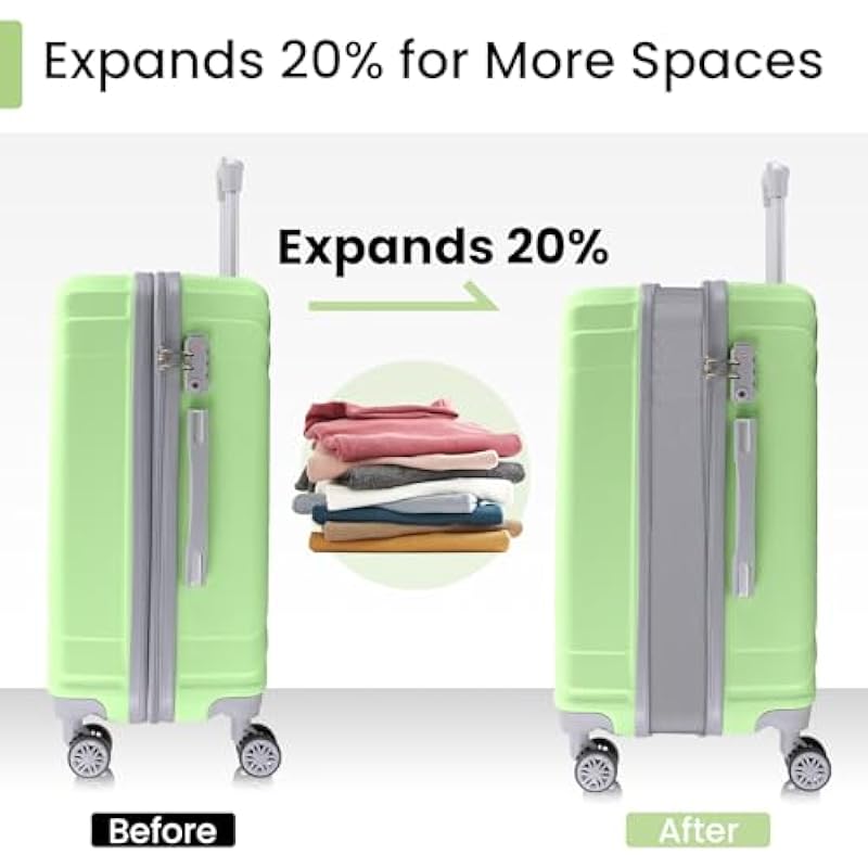 AnyZip Luggage Sets Expandable PC ABS 3 Piece Set Durable Suitcase with Spinner Wheels TSA Lock Carry On 20 24 28 Inch LightGreen