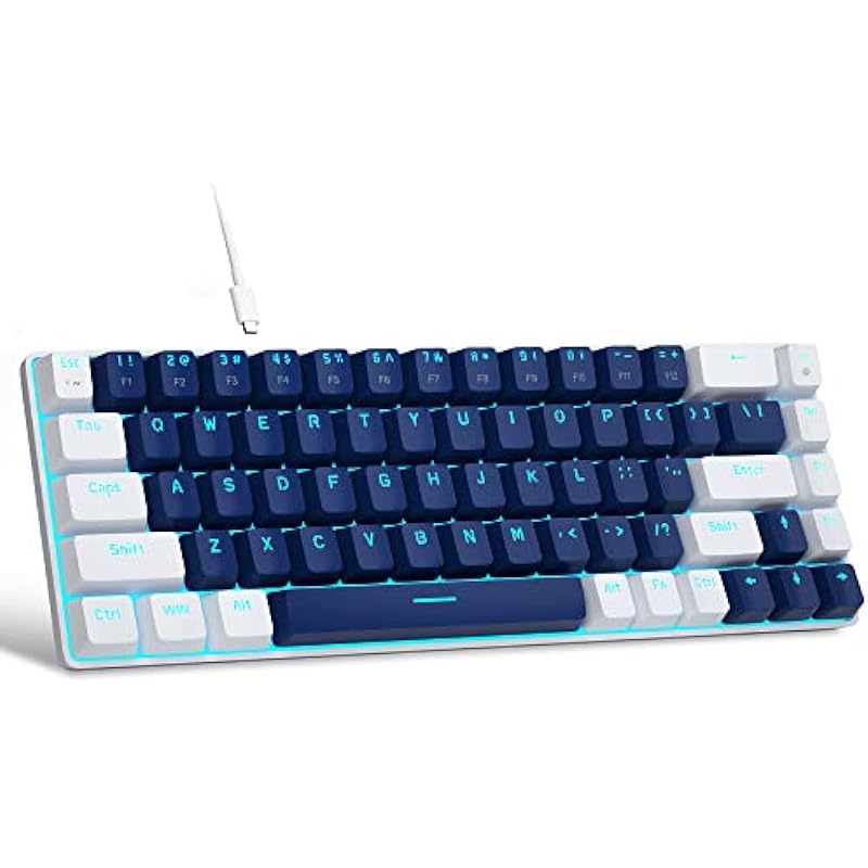 Portable 60% Mechanical Gaming Keyboard, MageGee MK-Box LED Backlit Compact 68 Keys Mini Wired Office Keyboard with Blue Switch for Windows Laptop PC Mac – Blue/White