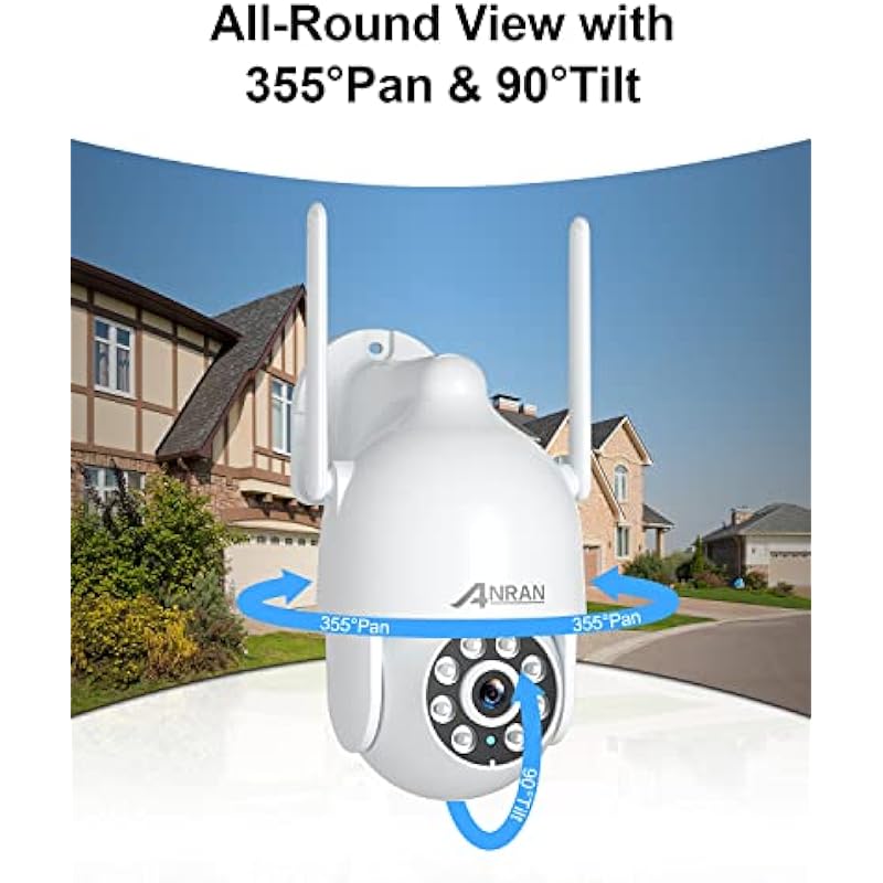 ANRAN Security Camera Outdoor with Spotlight and Siren, 1080P WiFi PTZ Camera Outdoor with 360° View, Color Night Vision, IP66 Waterproof, Two-Way Audio, SD and Cloud Storage, P2 White