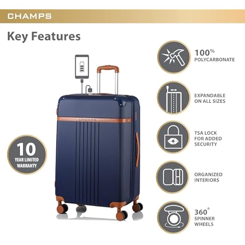 CHAMPS – ‘Vintage Collection’ – 2 Piece HARDSIDE Spinner Luggage Set (Navy)