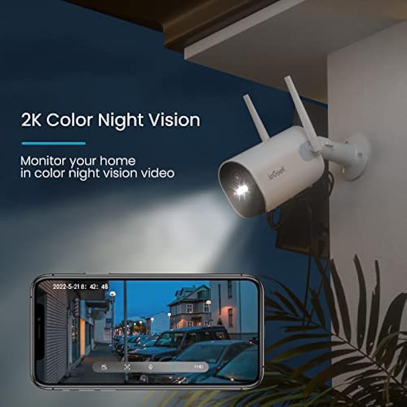 Solar Security Camera Outdoor, 2K QHD Solar Powered WiFi Outdoor Security Camera, Surveillance Cameras for Home, Wireless Camera with Color Night Vision, 2 Way Audio Video, Spotlight & Siren, IP65