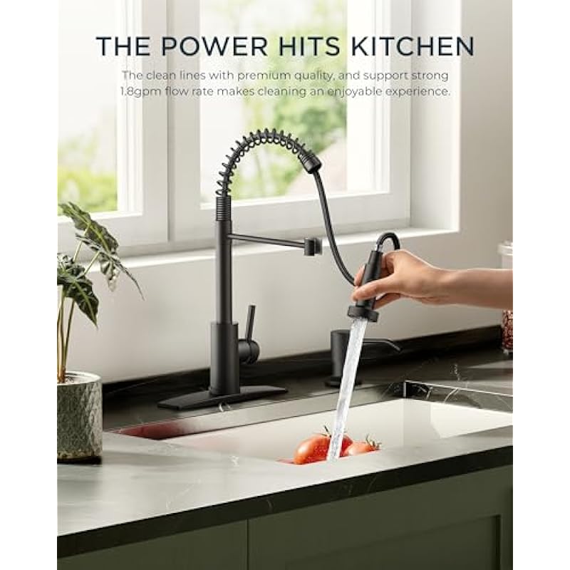 FORIOUS Black Kitchen Faucet with Pull Down Sprayer, Commercial Spring Kitchen Sink Faucet with Pull Out Sprayer, Single Handle Kitchen faucets with Deck Plate, Matte Black