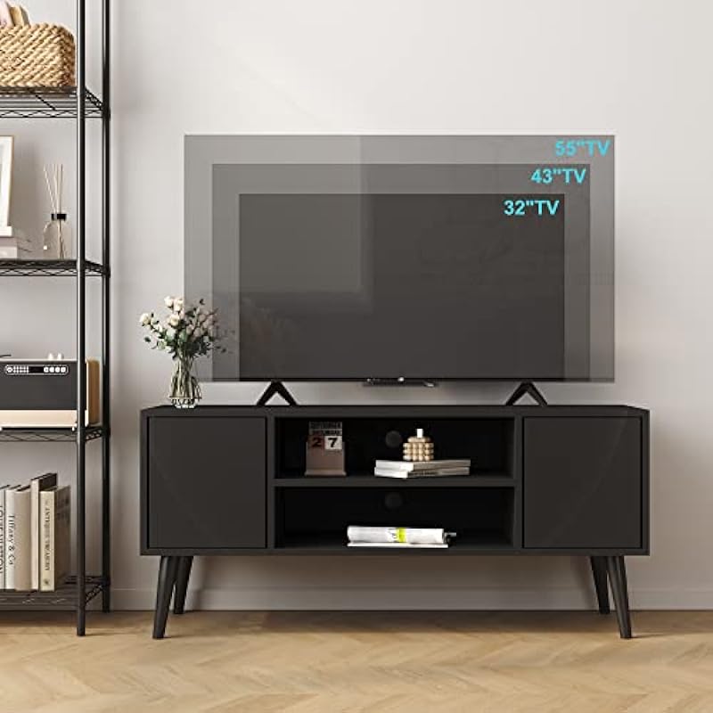 HOMEFORT Retro TV Stand, Mid-Century TV Console Table, Fits up to 55-inch Television, Modern Entertainment Cabinet with Storage and Shelves Cabinet for Living Room, Office, Bedroom (Black)