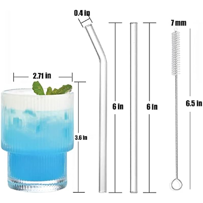 ALINK 7 oz Ribbed Drinking Water Glasses with Glass Straws 6pcs Set, Vintage Iced Coffee Cups Glassware, Origami Style Ridged Glass Tumbler for Coocktail, Whiskey, Beer – Cleaning Brush