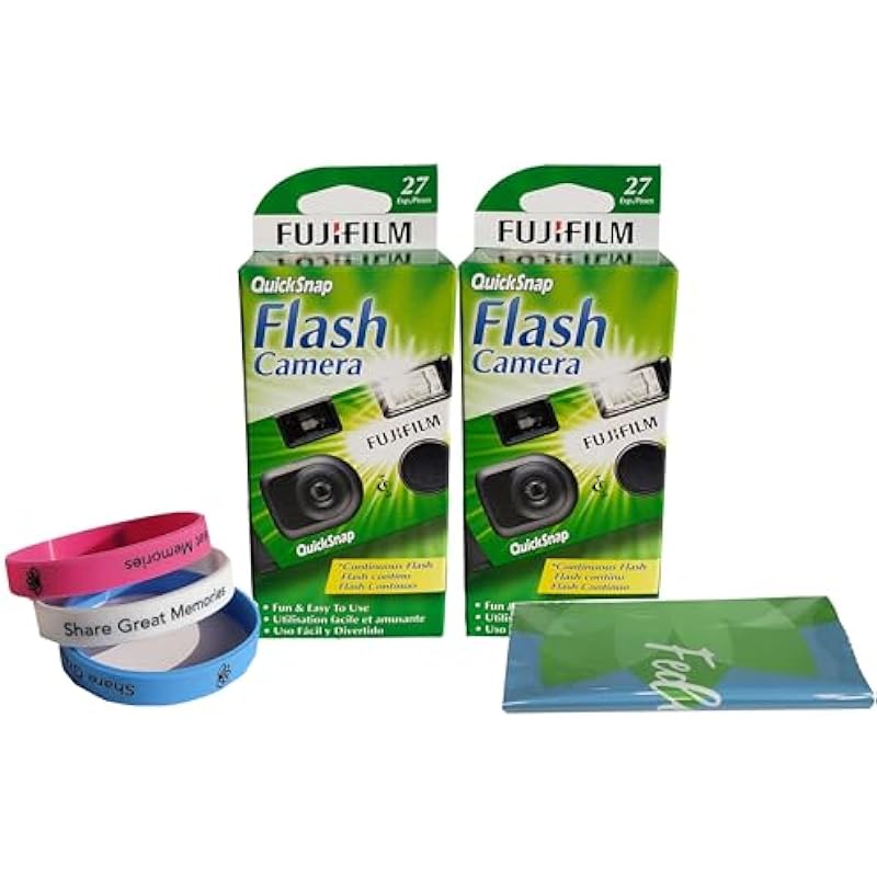 Fujifilm QuickSnap Flash 400 Disposable 35mm Camera Plus a Bonus Eco-Friendly Silicone Wrist Band and a Microfiber Cleaning Cloth (2 Pack)