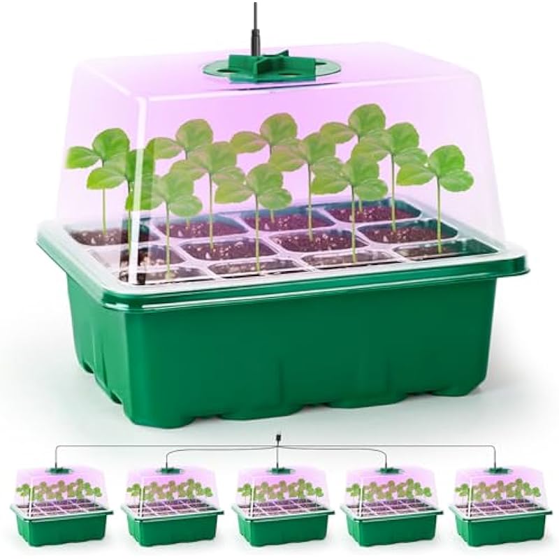 Bonviee 5 Packs Seed Starter Tray with Grow Light，Plant Germination Starter Kit with Adjustable Humidity Dome，Greenhouse Germination Kit for Seed Growing Starting (12 Cells per Seedling Trays)