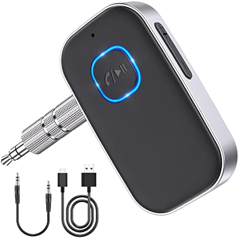 Bluetooth Car Adapter, WOCBUY 3.5mm AUX Bluetooth Receiver for Music Streaming, Wireless Music Audio Adapter with Built-in Mic, Home Stereo, Speakers (Handsfree Car Kits, 16H Playtime, Dual Link)