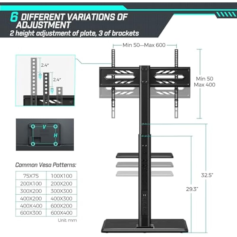 Greenstell TV Stand with Power Outlet, Universal Floor TV Stand for 32-70 inch, Swivel Tall TV Stand with AV Shelf, Holds up to 110 LBs, Height Adjustable and Wood Base, Max VESA 600x400mm,Black