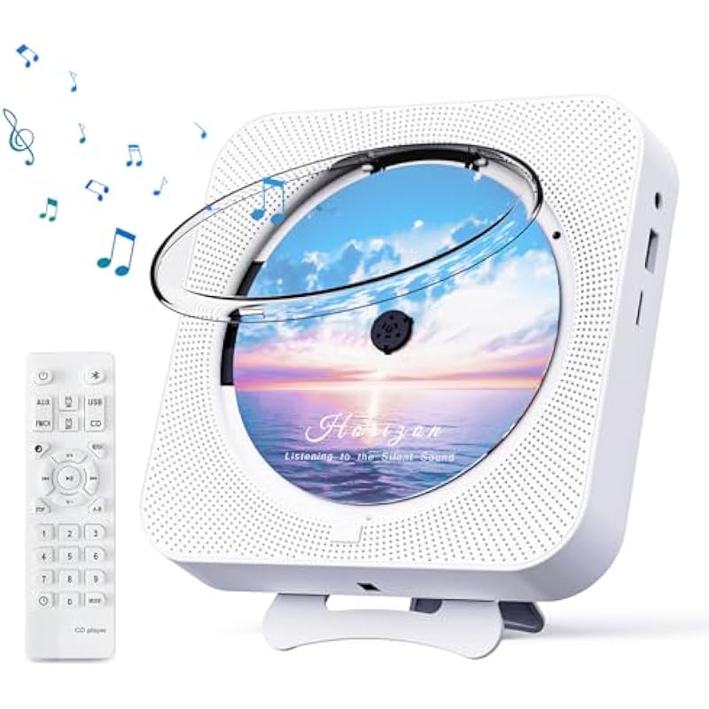 MICOCIOUS Bluetooth Portable Home CD Music Player with Remote Control, Timer, Built-in Speakers and LED Display – FM Radio Boombox (White)