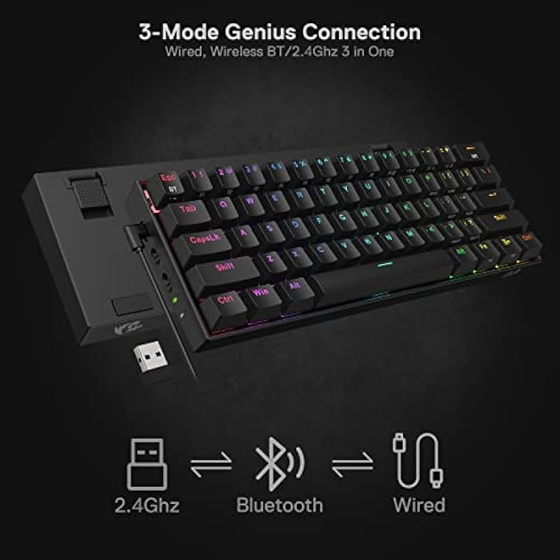 Redragon K530 Pro Draconic 60% Wireless RGB Mechanical Keyboard, Bluetooth/2.4Ghz/Wired 3-Mode 61 Keys Compact Gaming Keyboard w/100% Hot-Swap Socket, Free-Mod Plate Mounted PCB & Tactile Brown Switch